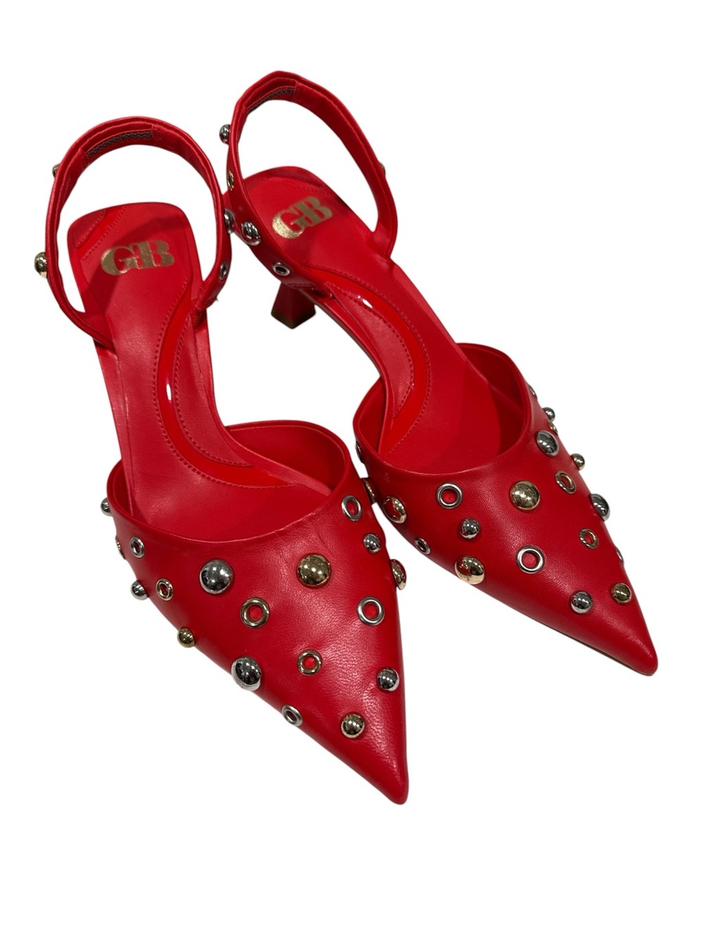 GB Office Siren Red Studded Pointed-Toe Slingback Heels